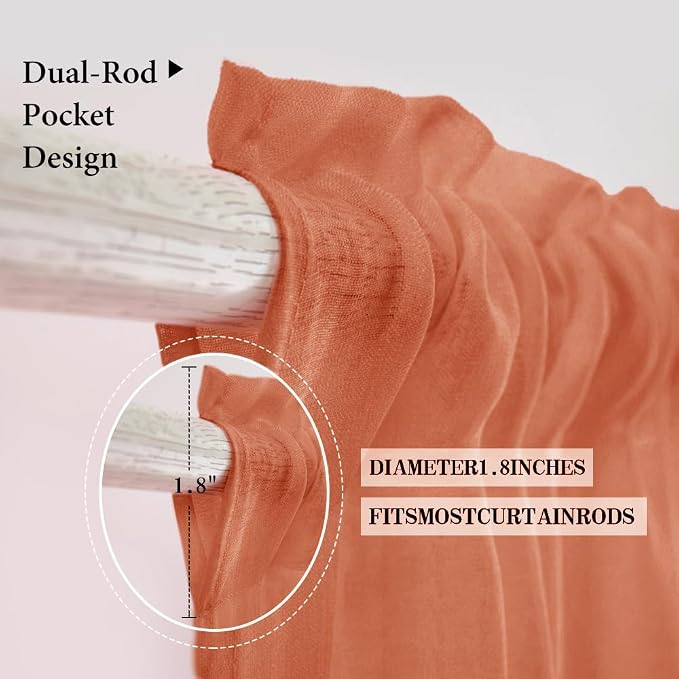 MIULEE Fall Burnt Orange Linen Textured Semi-Sheer Curtains 54W×72L | Semi Transparent, Farmhouse, Window Net Panels with Rod Pocket for Bedroom Living Room