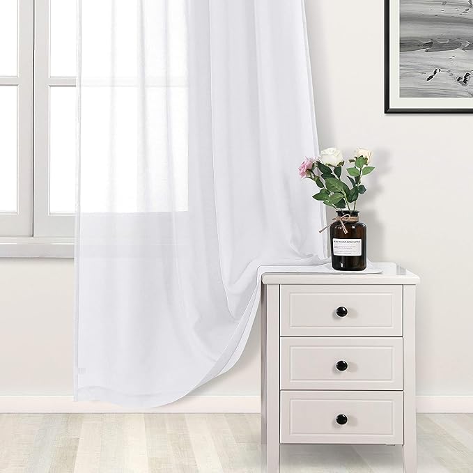 DWCN White Faux Linen Sheer Curtains - Grommet Voile Window Curtains Drapes for Bedroom Living Room 70 x 63 inch Length, Set of 2