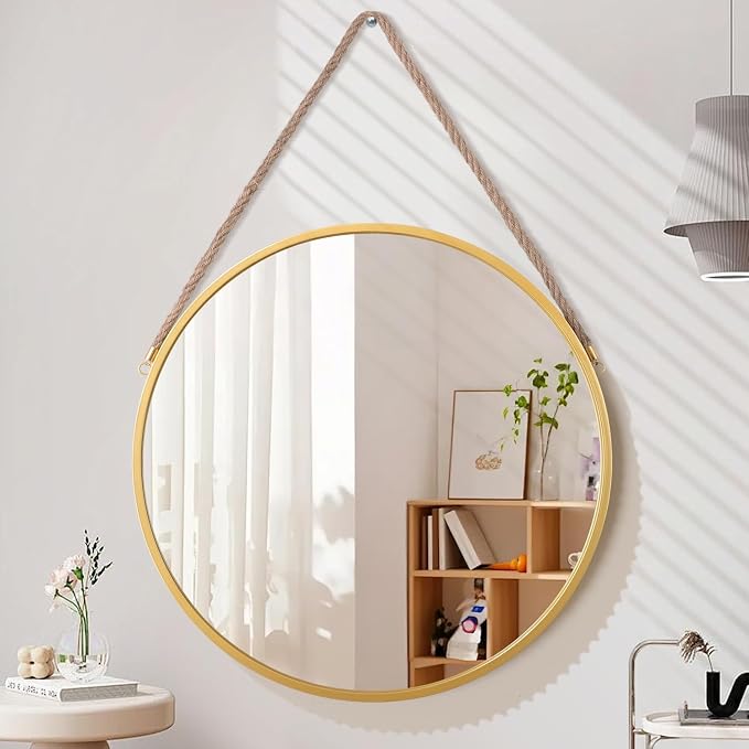 Hanging Circle Mirror Farmhouse Gold Round Hanging Wall Mirror Artistic with Rope for Bathroom Bedroom Vanity Living Room Entryway 28"
