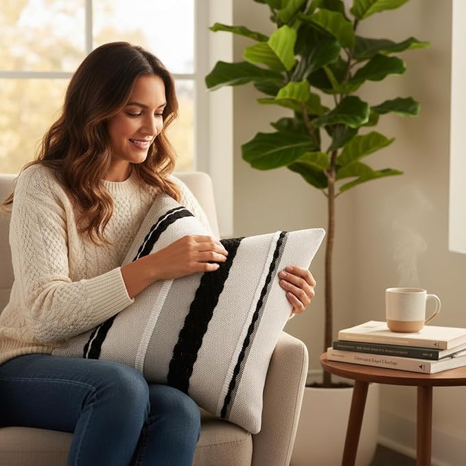 Black and White Throw Pillow Covers 18 x 18 Set of 2 Boho Decor