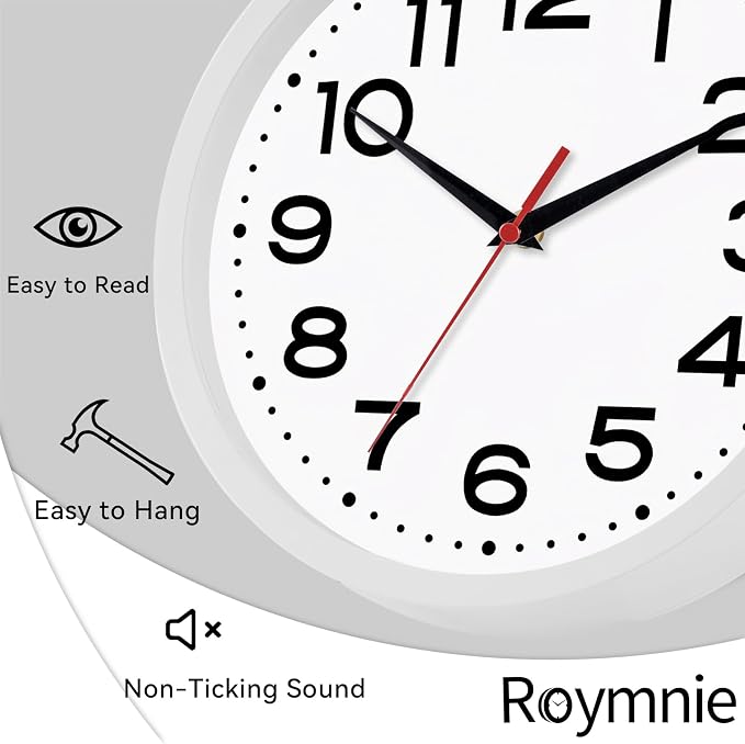 Roymnie 8 Inch Small Wall Clock, Battery Operated Silent Non Ticking White | analog wall clock; bold numerals for easy reading; silent non-ticking; 1 AA battery (not included); for classroom