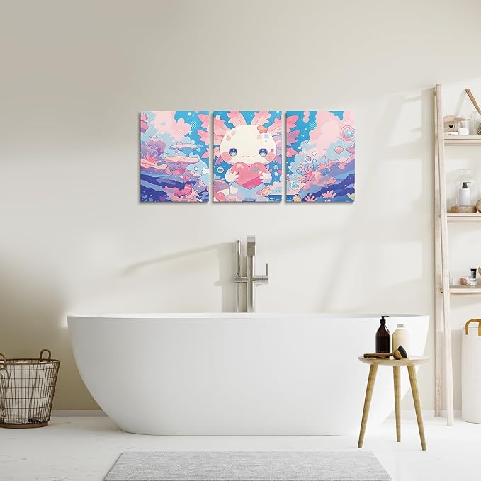Feelyou Kids Cute Pink Axolotl Wall Painting Posters Kawaii Animal Canvas Wall Art for Living Room Bedroom Girls Ocean Sealife Picture Wall Decor Cartoon Princess Bathroom Wall Art 12"x16"x 3Pcs