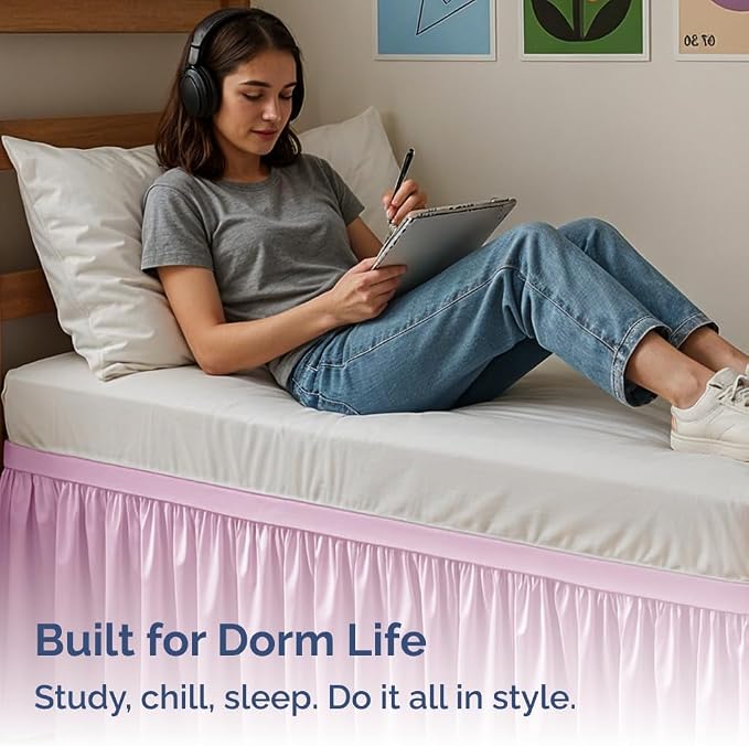 Dorm Room Bed Skirt Full XL - College Dorm Essentials - Light Pink, 30 Inch | Extra Long Dust Ruffled College Bedskirt with Split Corners, Easy Fit Elastic Strap, Adjustable, Fade & Wrinkle Free