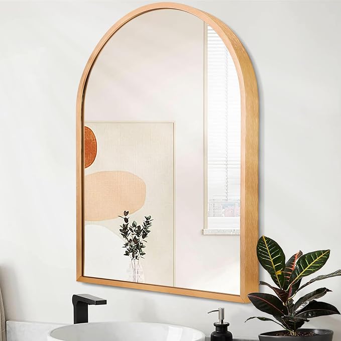 Arched Wall-Mounted Mirror Gold Arch Mirror Aluminum Alloy Frame Bathroom Mirror for Vanity Living Room, Bedroom, and Entryway 20"x16"