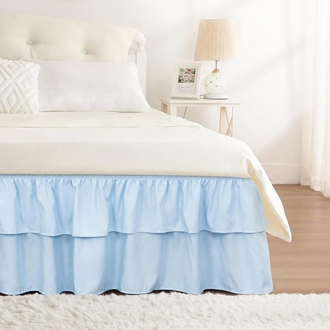 RIMELA Queen Size Ruffle Bed Skirt 15 Inch Drop - Light Blue Double Layered Wrap Around Dust Ruffle, Romantic Cute Design Bedskirt with High-Density Fabric, Soft Stretchy, Easy Install for Queen Bed