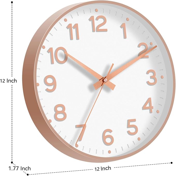 Roymnie 12 Inch Wall Clock Battery Operated Silent Non Ticking Analog | White Rose Gold modern analog; large 3D easy-read dial for kitchen, office, bathroom & bedroom; 1 AA battery (not included)
