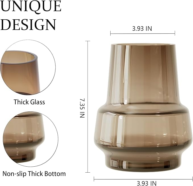 Relexome Amber Glass Vase Bud Flower Vase with Modern Design, Brown Wide Mouth Decorative Vase Gift for Home Decor, Living Room, Dining Table, Entryway, Shelf, Wedding, Office, 7.3 Inch (Amber)