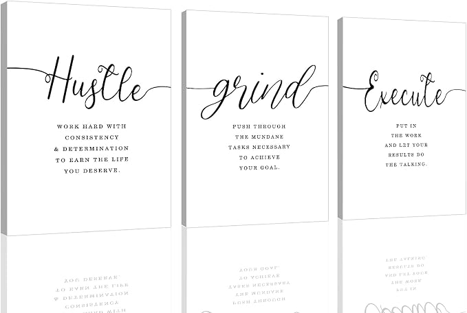 Framed Canvas Wall Art Grind Hustle Quote Poster, Office Wall Art, Positive Motivational Set of 3 Prints, Hustle prints Execute, Inspirational Wall Decor Art (H-3pcs,12x16inchx3pcs)