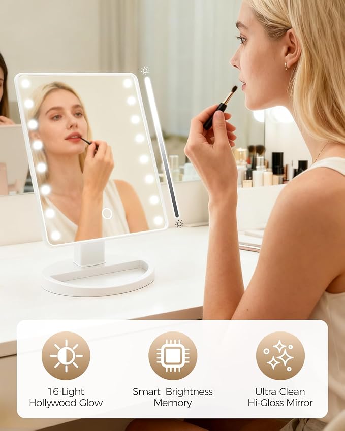 Lighted Makeup Mirror with Lights, Vanity Mirror with Lights, 16 LEDS Dimmable Desk Mirror with Light, Dual Power Supply, Gifts for Teenage Girls, Beauty Makeup Mirror, Dorm Room Essentials for Girls