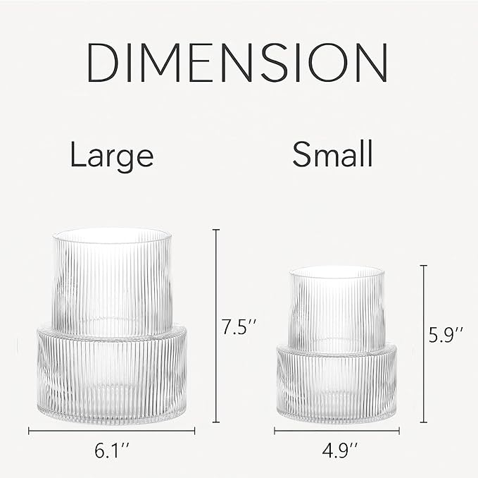 Ribbed Glass Vases for Bouquet, Set of 2 Fluted Vases for Flowers, Clear Vase for Tulips, Modern Glass Vase for Living Room, Office, Coffe Table, Dining Table, Shelf, Wedding