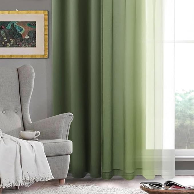 DWCN Ombre Sheer Curtains - 84 Inch Long Faux Linen Semi Voile Grommet Top Gradient Curtains for Bedroom and Living Room, Set of 2 Window Curtain Panels, 52 x 84 Inch Length, Light Olive Green