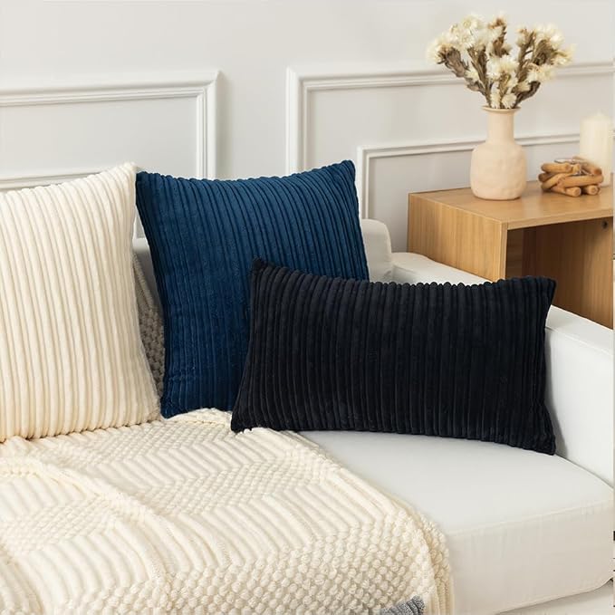 Kevin Textile Striped Corduroy 12”x20” Pillow Covers 2 Pack, Black