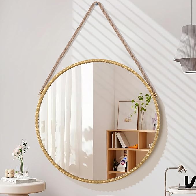 Hanging Mirror with Rope Modern Circle Metal Framed Round Mirrors with Beaded for Bathroom Living Room Home Entryway Gold 16"