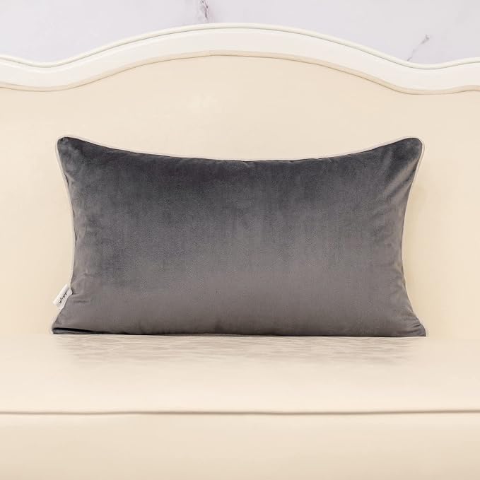 Alerfa Geometric Gold Leather Striped Throw Pillow Cover 12x20 Inch, Luxury Velvet Embroidered Decorative Lumbar Pillow Cover for Couch Living Room Bedroom, Gray