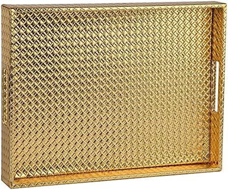 HofferRuffer Rectangle Serving Tray with Hole Handles for Coffee Table, Breakfast, Tea, Food, Butler - Countertop, Kitchen, Vanity Serve Tray, 16.2 x 12.2 x 2 inches, Faux Leather (Gold)