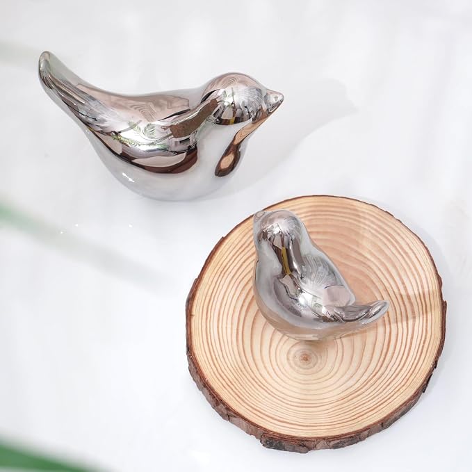 2 Pcs Ceramic Small Bird Figurines Modern Animal Statues for Home 、Room Decor and Bedroom Decor and Bookshelf Display (Silver)