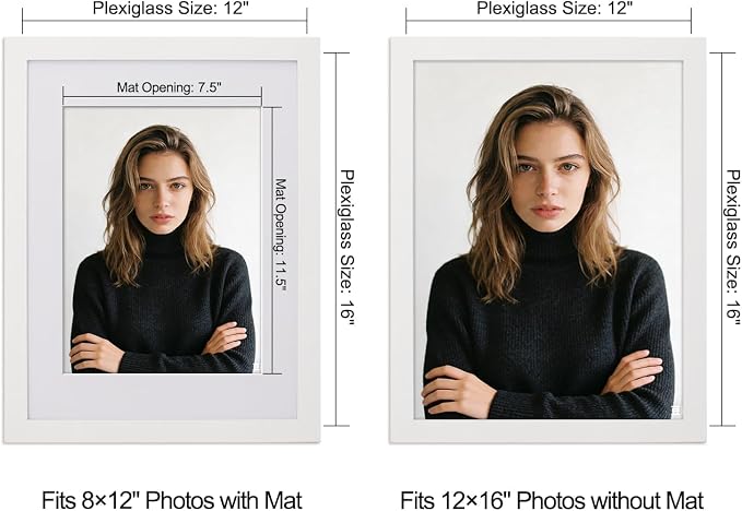 12x16 Picture Frame-White,9x12 Mat,Tempered Glass,Engineered Wood