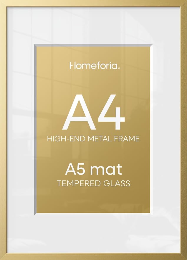Homeforia A4 Gold Picture Frame, High-End Metal, A5 Mat, Glass