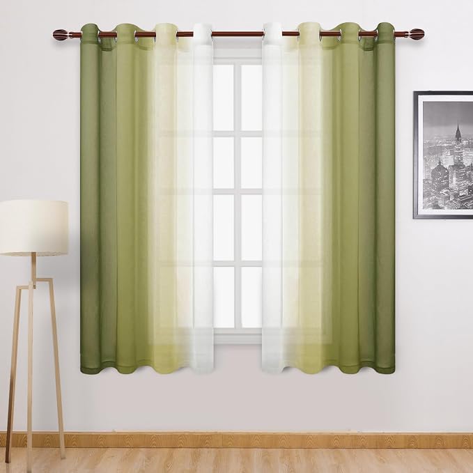 DWCN Faux Linen Ombre Sheer Curtains - Semi Voile Gradient Sheer Curtains Bedroom and Living Room Drapes, Set of 2 Grommet Top Window Curtain Panels, 52 x 72 Inch Length, Olive Green