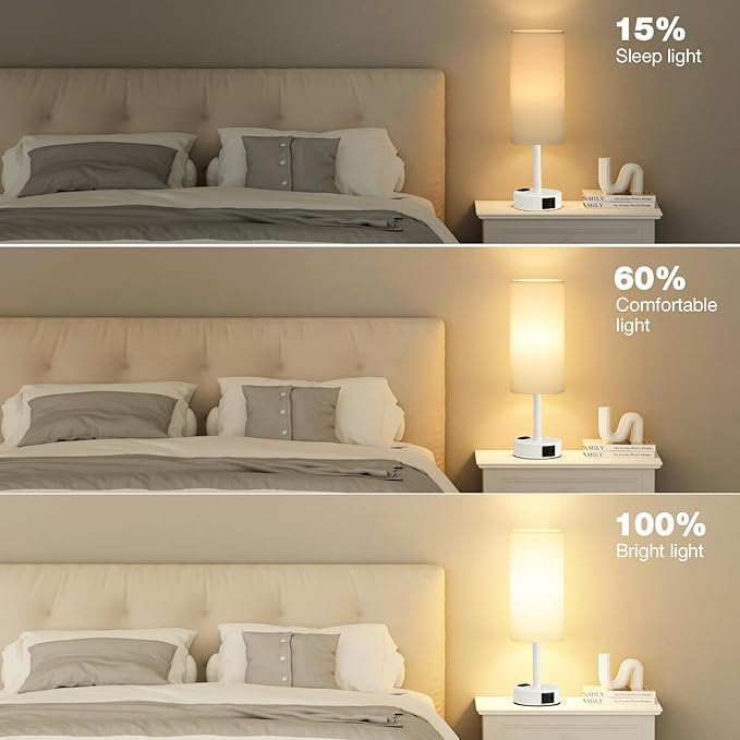 Fenmzee White Bedside Lamp for Bedroom, Dimmable Touch, USB A+C, AC Outlet