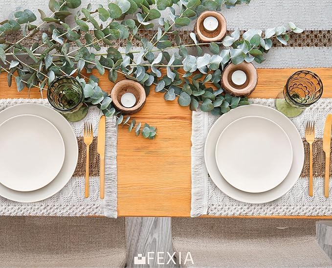 FEXIA Boho Placemats Set of 6, Macrame Table Mats Farmhouse Dining Decor | 12x20" Woven Burlap Place Mat with Tassel for Kitchen and Dining Table Centerpiece Home Decorations Rustic Boho Kitchen Decor