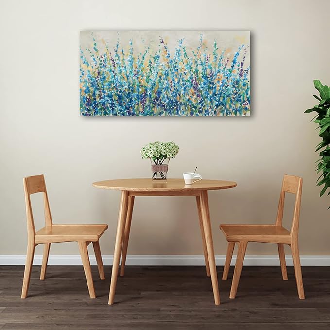 Abstract Floral Canvas Wall Art,Teal Botanical Canvas Pictures Blue Leaf Blossom Spring Painting Wall Decor for Living Room Bedroom Kitchen Home Office Decoration Framed 24"X48"