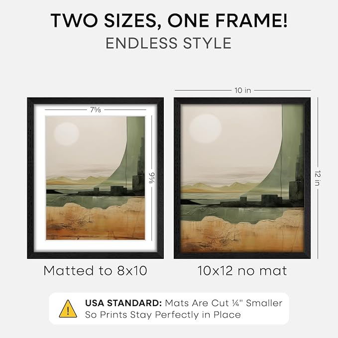 Homeforia 10x12 Black Oak Picture Frame, High-End Wood, 8x10 Mat, Glass