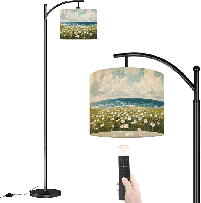 Arc Floor Lamp Farmhouse Boho Beach Coastal Vintage Floral Ocean Daisy Flowers Sea Dimmable Modern Standing Lamp with Remote Adjustable Drum Shade Footswitch Tall Pole Lamp for Living Room Bedroom