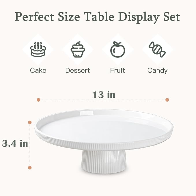 13 Inch Ceramic Cake Stand with Pedestal - White Round Cake Plate for Dessert Table Display, Elevated Cupcake Stand for Wedding, Birthday, Baby Shower, Tea Party, Holiday Entertaining