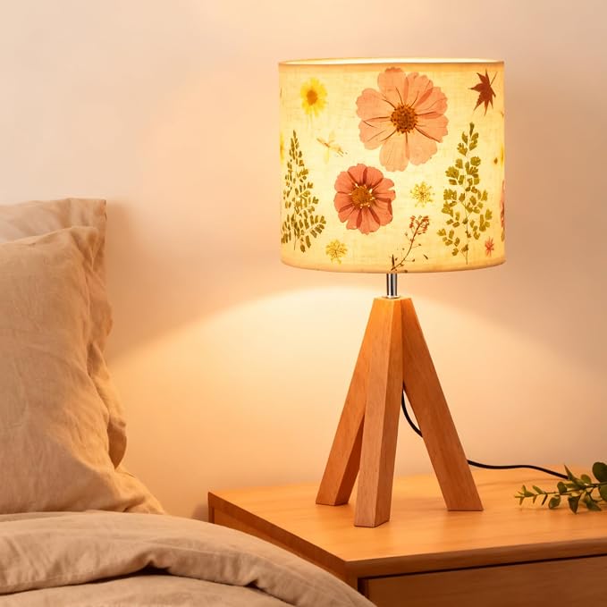 Dried Flowers Tripod Table Lamp 14.96in, 9W LED Dimmable Cute Bedside Lamp with Flowers Linen Lampshade for Nursery, Bedroom, Kid Room, Living Room, Light Brown Wooden Base