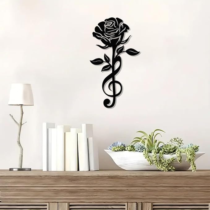 DUOOLN Metal Music Notes Wall Decor Art, Rose Flowers Hanging Painting Sign | Musical-Themed Sculpture|Gift for Music Lovers|Rustic Home Living Room Teacher'S Office Indoor Outdoor |Black 11.8x6.69in
