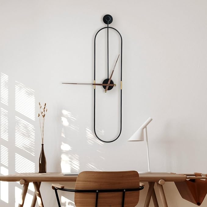 DRELIFAM Modern Oval Wall Clock Large Wall Clock with Walnut Pointers for Living Room Home Decor Bedroom Kitchen Office (Oval Black, Large)