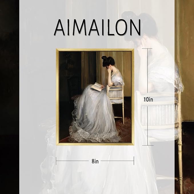 AIMAILON Frame White Dress Reading Girl Portrait Aesthetic Artwork, 8x10 | home decoration, gold frame, easy to hang, classical aesthetic artwork