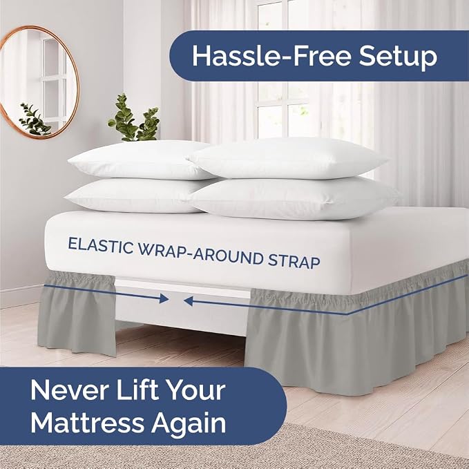 Wrap Around Dust Ruffle Bed Skirt, Queen Size - 24 Inch Drop, Light Grey | Easy Fit Elastic Strap, Adjustable Pleated Bedskirt w/Brushed Fabric, Wrinkle & Fade Free, for Women, Men, Kids & Teens