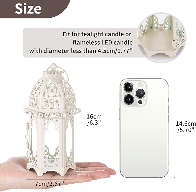 NUPTIO 6 Pcs Moroccan Style Candle Lantern - Small Sized Tealight Candle Holder with Transparent Glass Panels Great for Patio, Indoors/Outdoors, Events, Parties and Weddings, White