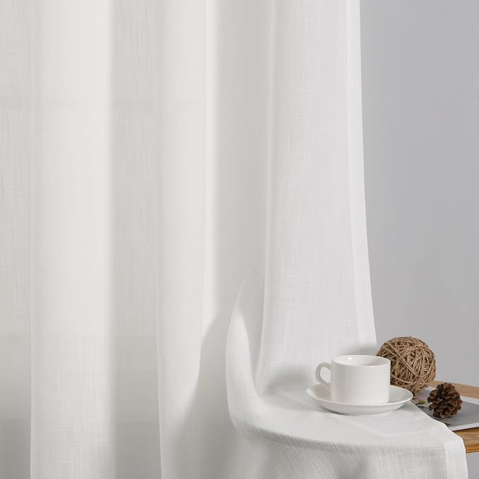 Off White Linen Curtains 108 Inch Length for Living Room Bedroom 2 Panels Set Rod Pocket Light Filtering Semi Sheer Window Curtains 52 Inch Width Boho Farmhouse Linen Drapes, W52xL108