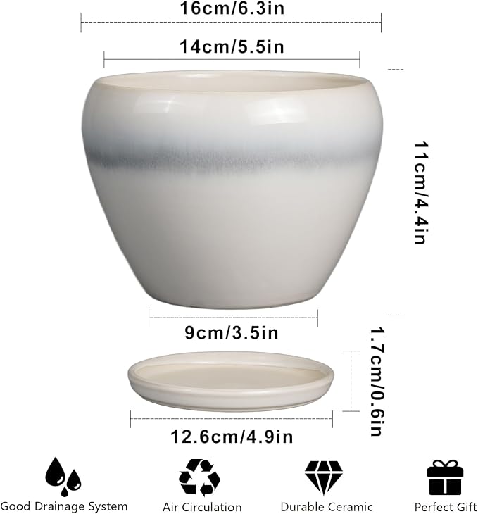 Ceramicfor Planter Pot 6 Inch - Ceramic Plant Pot with Drainage Hole and Saucer, Round Glaze Succulent Pot for Plants, White