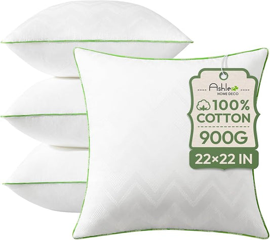 Ashler 22x22 Pillows Insert (Set of 4) - Throw Pillow Inserts with 100% Cotton Cover - 22 Inch Square Interior Sofa Stuffer Pillow Inserts -Decorative White Couch Pillow