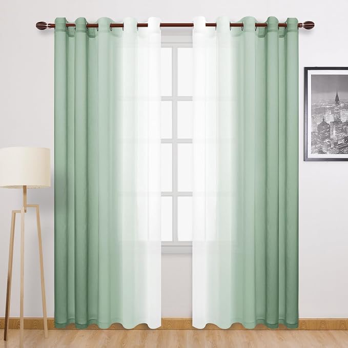 DWCN Ombre Faux Linen Sheer Curtains - Extra Wide Gradient Semi Voile Grommet Top Bedroom and Living Room Curtains, 60 x 84 Inches Long, Set of 2 Window Curtain Panels, Sage Green