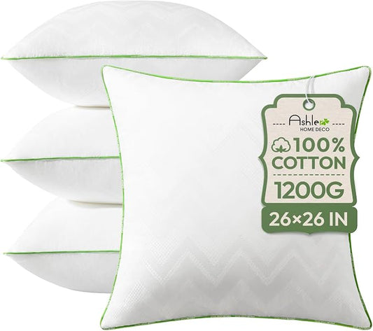 Ashler Throw Pillow Inserts (Pack of 4, White), 26 x 26 Inches Pillow Inserts with 100% Cotton Cover, Indoor Decorative Pillows Inserts for Couch Sofa and Bed