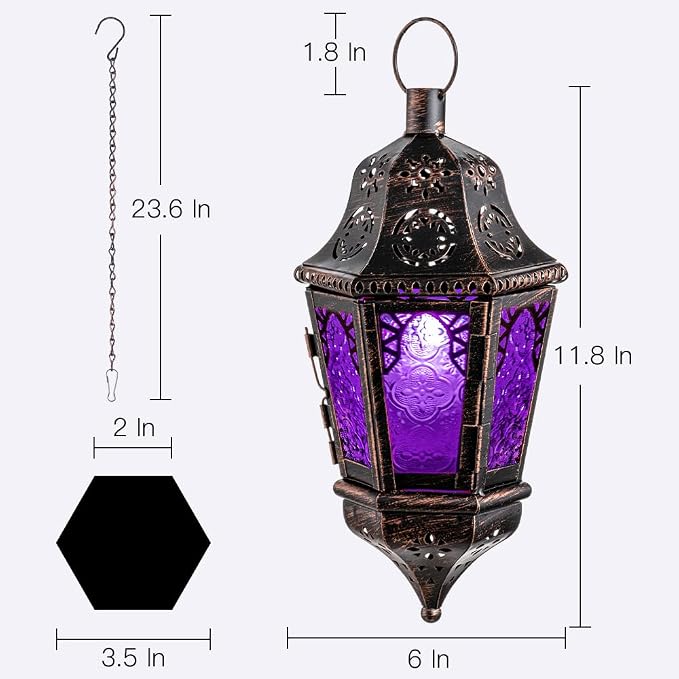 NEEDOMO Halloween Decorative Indoor Hanging Moroccan Lantern, 13.5'' Vintage Metal Candle Holder with 14.8" Chain, Ramadan Lanterns Decorative Indoor Outdoor for Home, Table, Patio, Porch (Purple)