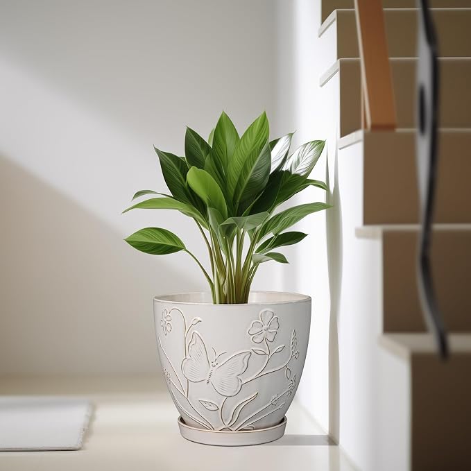 MPotTo 10 Inch Plant Pot Ceramic Planter Pot with Drainage Hole and Saucer Round Planter Large Flower Pot for Indoor Outdoor Plants Home Garden Decor White