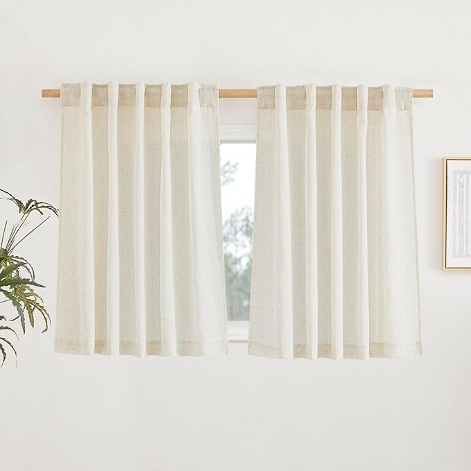 NICETOWN Natural Linen Blend Kitchen Curtains 36 inch Length, Rod Pocket & Back Tab Semi Sheer Privacy Window Treatments Light Filtering for Cafe, W42 x L30, 2 Panels