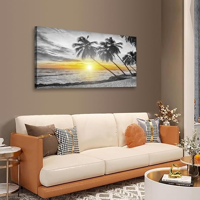 Beach Wall Art Bedroom Wall Decor Living Room,Ocean Canvas Wall Art Office Farmhouse Paintings Artwork Modern Golden Sunshine Black and White Sea Wall Art Prints Pictures 20 * 40inch