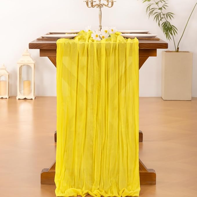 Cheesecloth Table Runner Fall Boho Wedding Birthday Party Home Decor | Yellow 2pcs Rustic Gauze 10FT Cheese Cloth Sheer Farmhouse Dining Runner for Baby Shower Bridal Holiday Decorations