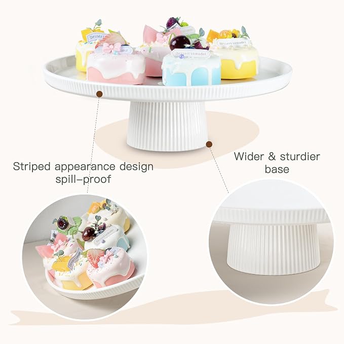10 Inch Ceramic Cake Stand - Elegant White Pedestal Cake Plate with Non-Slip Base for Wedding, Birthday, Baby Shower, Cupcake and Dessert Table Display, Food-Safe Round Cake Platter