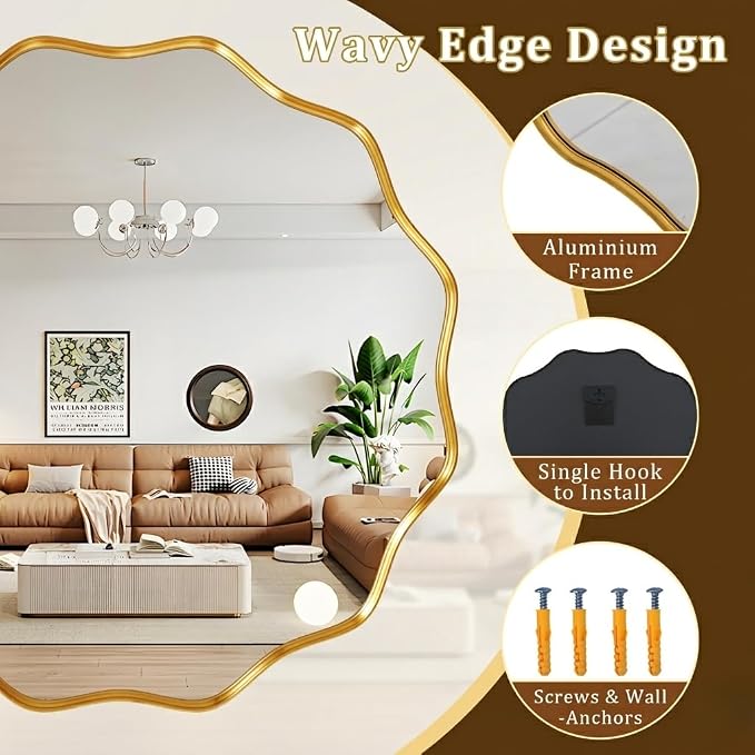20" Decorative Scalloped Round Wall Mirror, Wavy Metal Deep Frame, Gold | Circle Mirror Wall Mounted for Bathroom, Bedroom, Entryway, Living Room