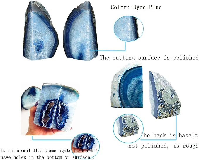JIC Gem Blue Agate Geode Bookends Heavy Duty Rubber Bumpers 1 Pair 4-6 Lbs | Large Heavy Duty Crystal Book Stoppers Decorative Book Supports Book Holders for Bookshelf Home Office Desktop Crystal Decor