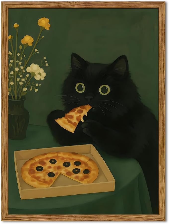 Funny Black Cat Wall Art Whimsical Black Cat Eating Pizza Wall Decor Cute Animal Dark Green Kitchen Poster Canvas Prints for Bedroom Living Dining Room 16x24 inch Wood Framed