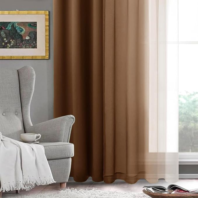 DWCN Ombre Sheer Curtains - Faux Linen Semi Voile Gradient Light-Filtering Bedroom and Living Room Curtains, Set of 2 Grommet Top Window Drape Panels, 52 x 72 Inch Length, Warm Brown